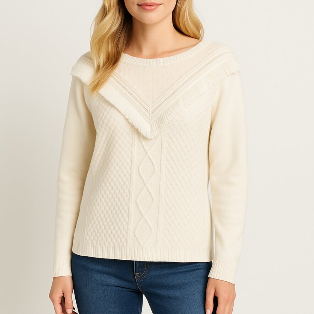 Talbots Cream Fringe Trim Textured Knit Sweater Wool Blend Pullover Size L Large